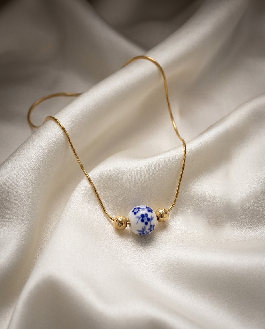 18K gold Plated Blue & White Porcelain Floral Bead Necklace