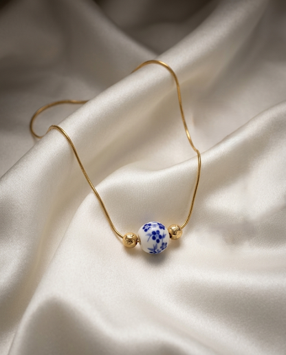 18K gold Plated Blue & White Porcelain Floral Bead Necklace