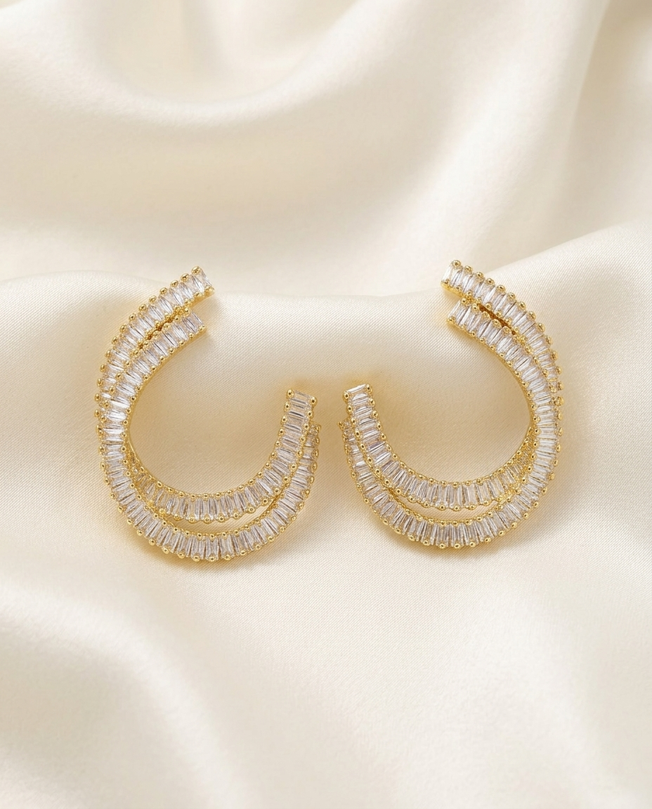 18K gold Plated Double-Row Crescent Crystal Hoop Earrings