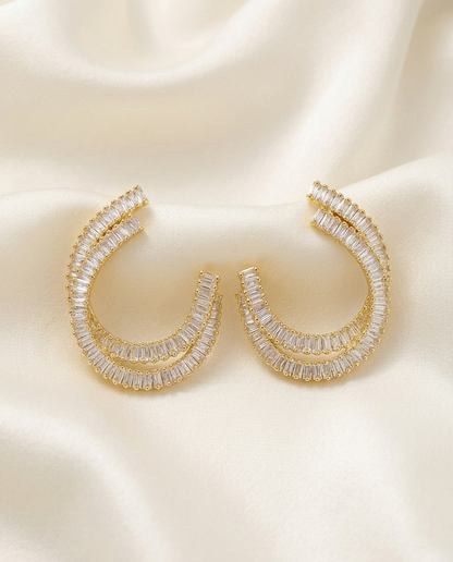 18K gold Plated Double-Row Crescent Crystal Hoop Earrings