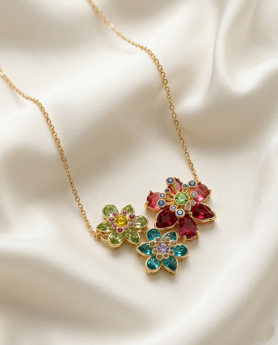 18K gold Plated Floral Cluster Pendant Necklace with Multicolor Crystals