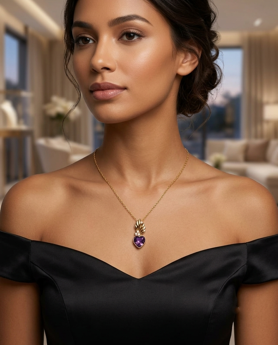 18K gold Plated Heart Pendant Necklace with Deep Purple Crystal