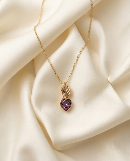 18K gold Plated Heart Pendant Necklace with Deep Purple Crystal