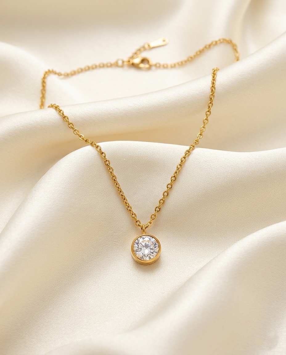 18K gold Plated Minimalist Solitaire Round-Cut Gold Necklace