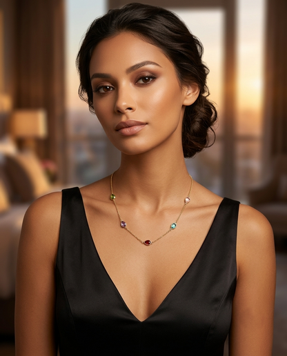 18K gold Plated Multi-Gemstone Station Necklace with Teardrop Crystals