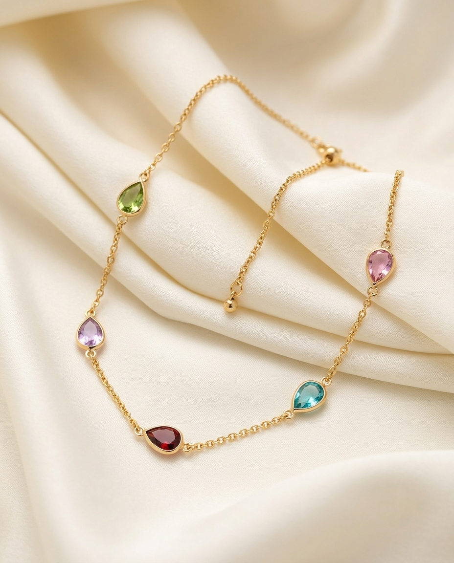 18K gold Plated Multi-Gemstone Station Necklace with Teardrop Crystals