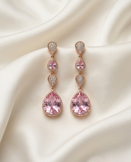 18K gold Plated Pink Tear Drop Crystal Linear Chandelier Earrings
