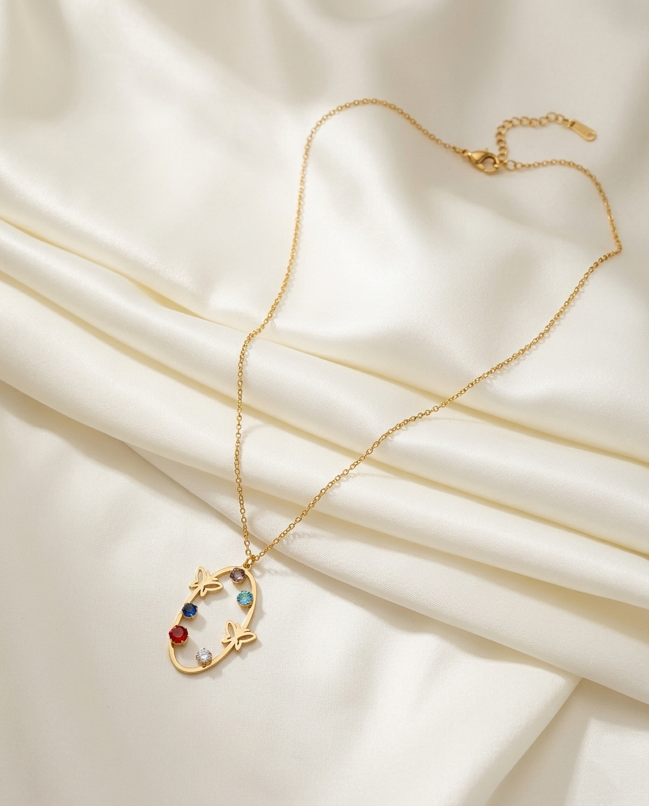 18K gold Plated Whimsical Butterfly & Multi-Gemstone Oval Pendant Necklace
