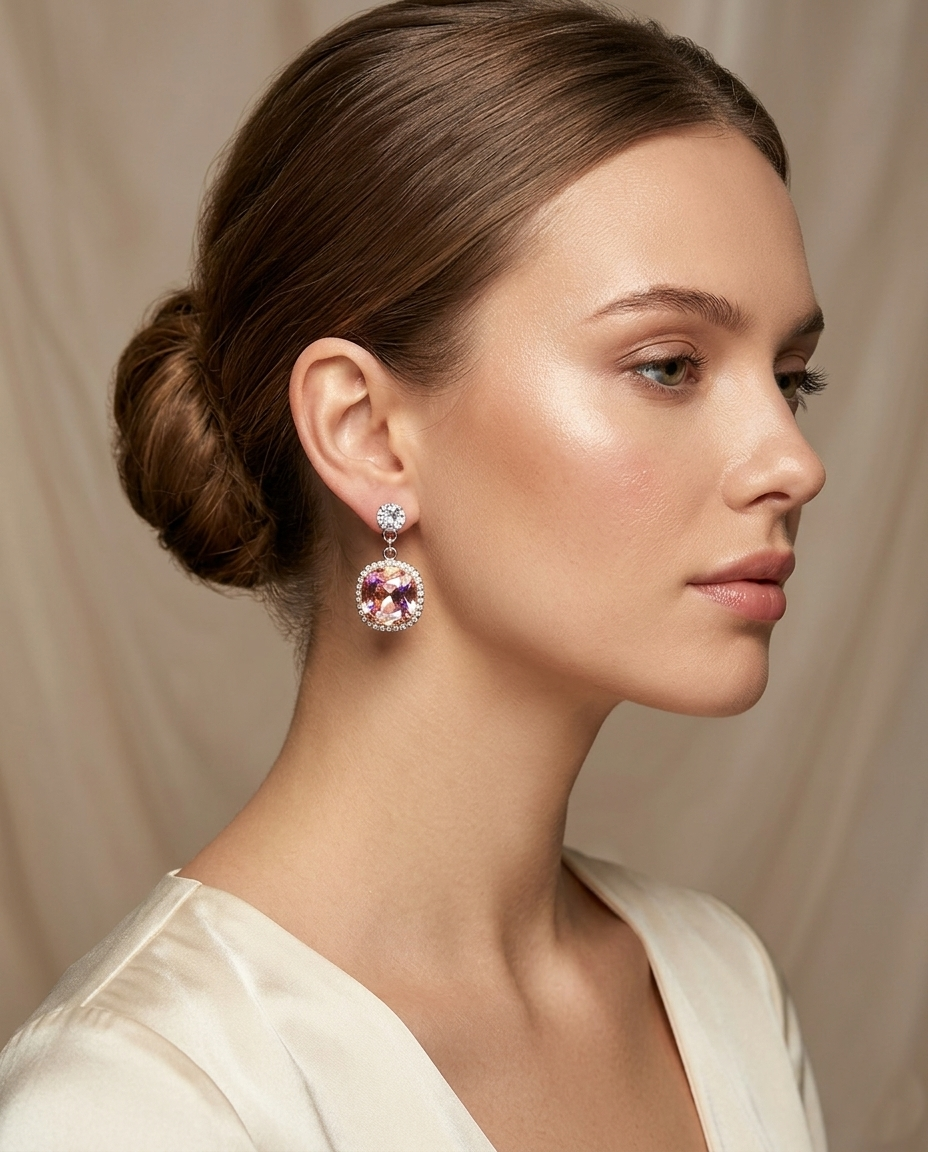 Aurora Cushion-Cut Crystal Drop Earrings in Light Pink
