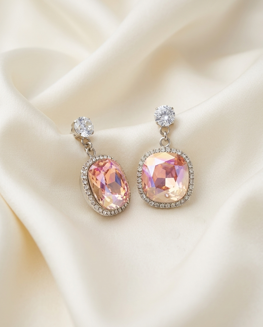 Aurora Cushion-Cut Crystal Drop Earrings in Light Pink