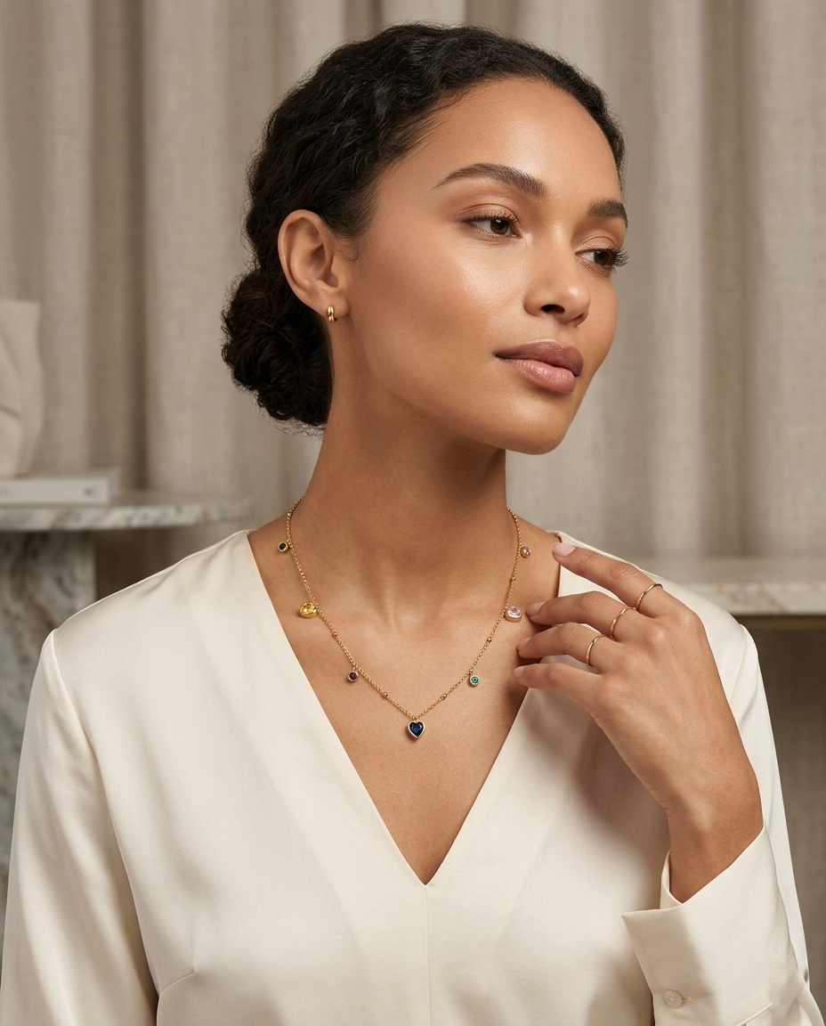 Celestial Hearts 18K Gold Plated Multi-Color Charm Necklace