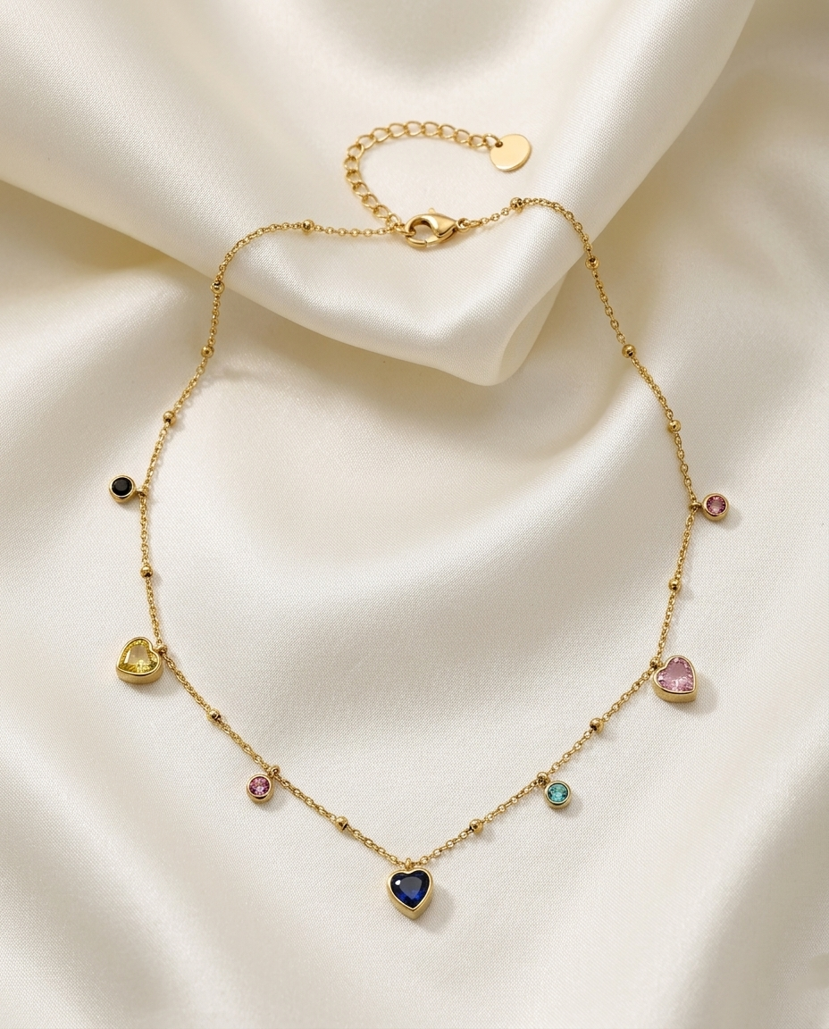 Celestial Hearts 18K Gold Plated Multi-Color Charm Necklace