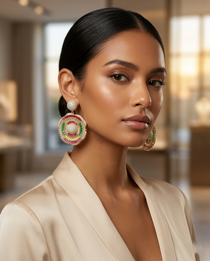 18K Gold Plated Chroma Mosaic Mandala Circle Drop Earrings