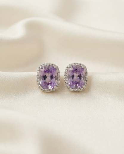 Elegant Lilac Cushion-Cut Halo Stud Earrings in Silver Tone Base