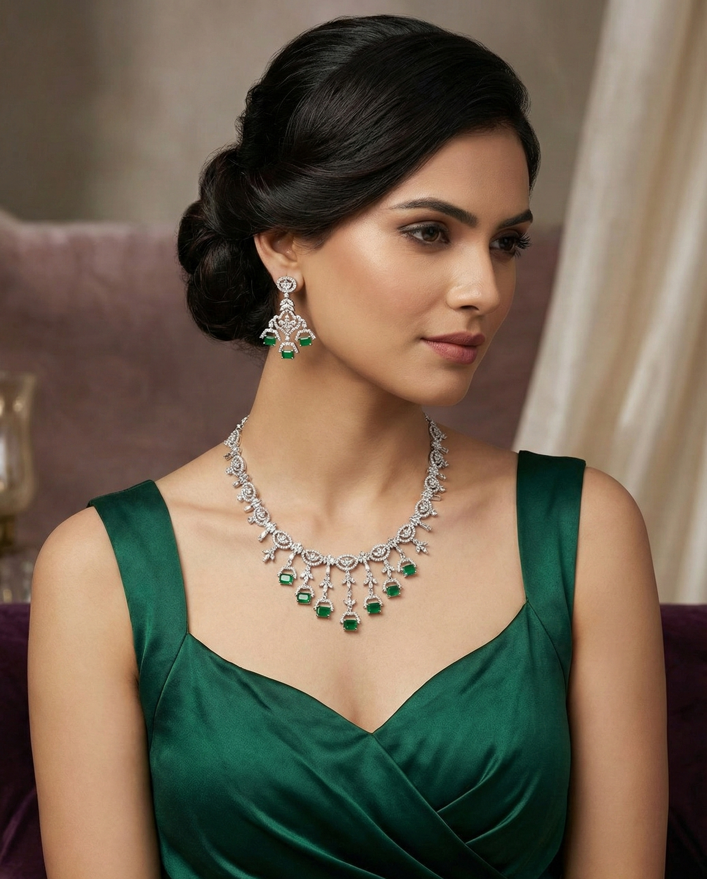 Emerald Green & Cubic Zirconia Statement Necklace Set