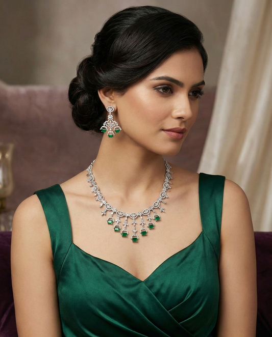 Emerald Green & Cubic Zirconia Statement Necklace Set
