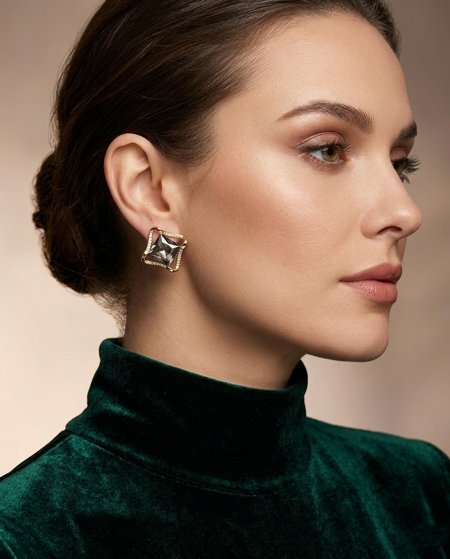 18K Gold Plated Geometric Faceted Crystal Stud Earrings
