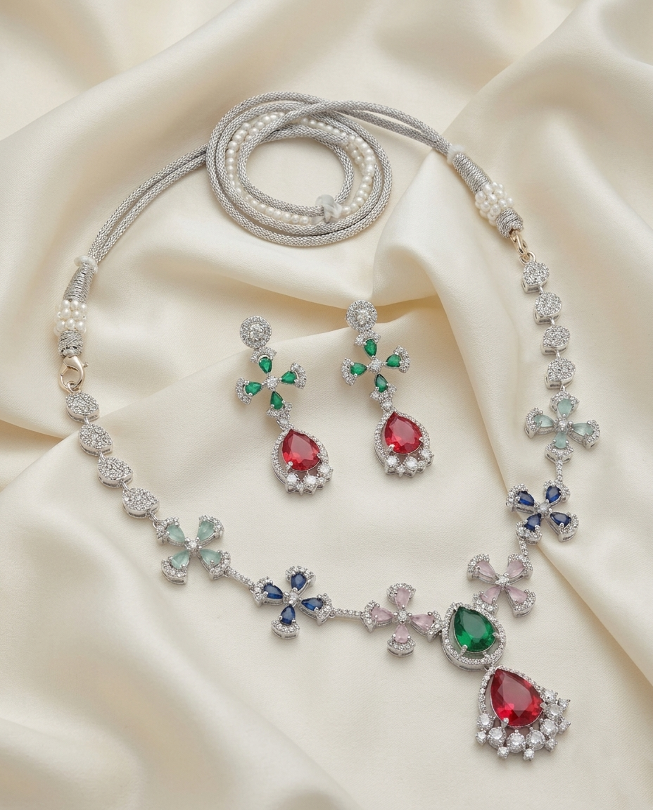 Multi-Color American Diamond (AD) Floral Necklace Set