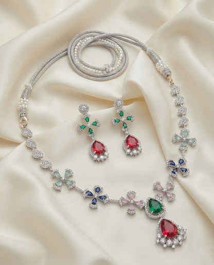 Multi-Color American Diamond (AD) Floral Necklace Set