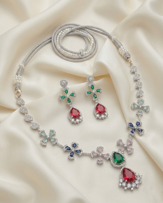 Multi-Color American Diamond (AD) Floral Necklace Set