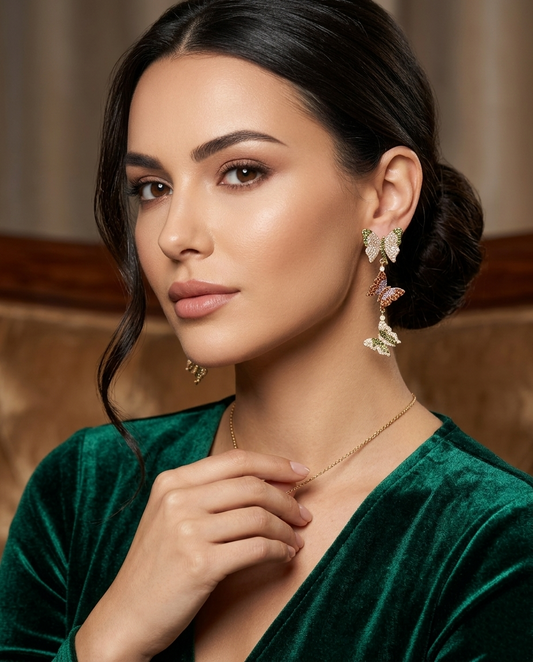 18K Gold Plated Enchanted Flight Triple Butterfly Tiered Drop Earrings – Multi-Tone Luxury