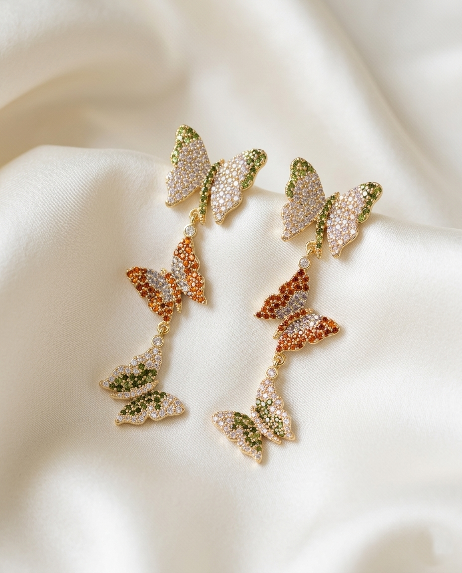 18K Gold Plated Enchanted Flight Triple Butterfly Tiered Drop Earrings – Multi-Tone Luxury