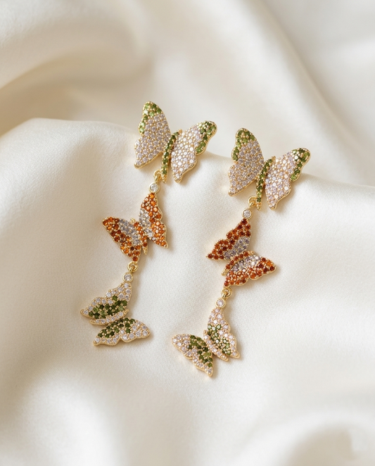 18K Gold Plated Enchanted Flight Triple Butterfly Tiered Drop Earrings – Multi-Tone Luxury