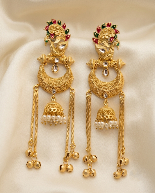 Royal Peacock Meenakari Chandbali Kashmiri Earrings with Pearl Jhumka