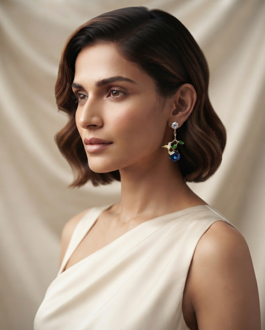 18K Gold Plated Enchanted Hummingbird & Sapphire Crystal Drop Earrings- Blue