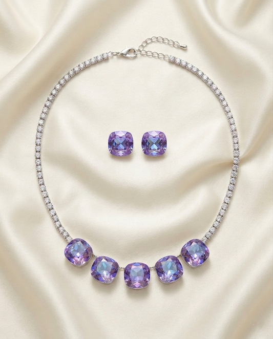 Lilac Crystal Statement Necklace Set with Stud Earrings