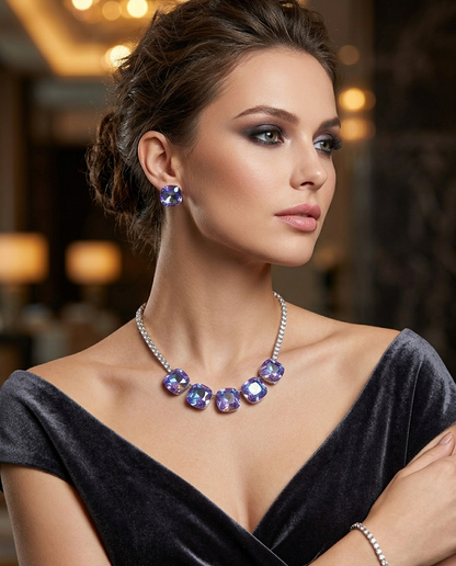 Lilac Crystal Statement Necklace Set with Stud Earrings