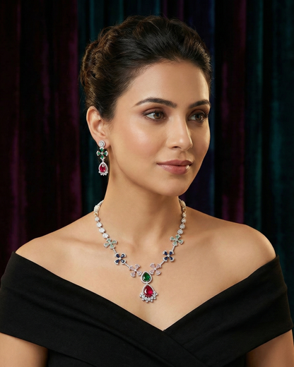 Multi-Color American Diamond (AD) Floral Necklace Set