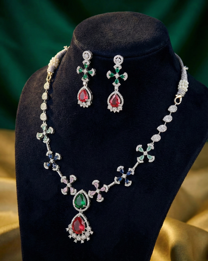 Multi-Color American Diamond (AD) Floral Necklace Set