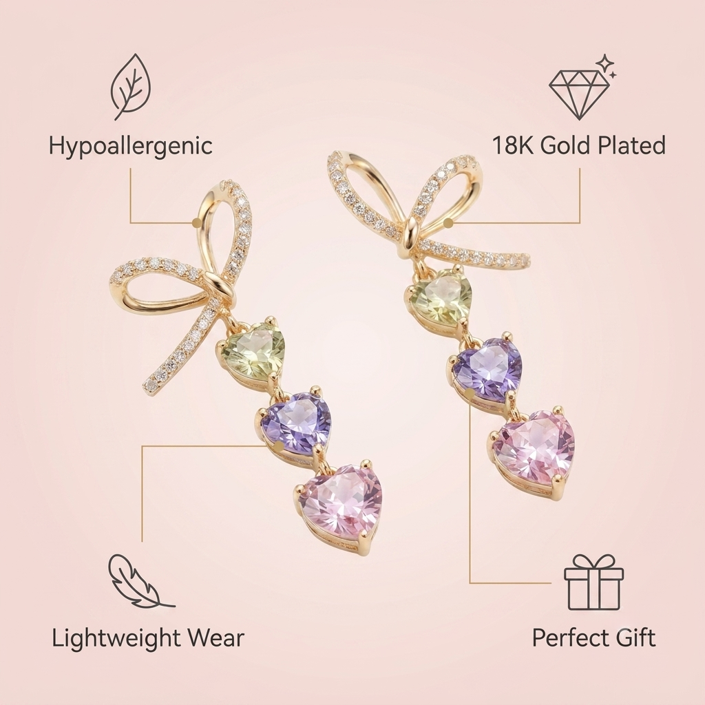 18K Gold Plated Pastel Heart Drop Bow Earrings