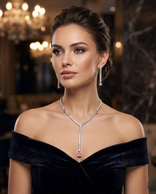 Pink Crystal Y-Necklace with earrings