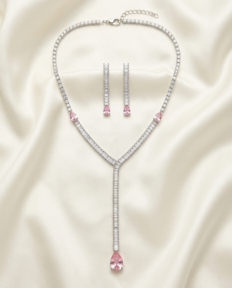Pink Crystal Y-Necklace with earrings