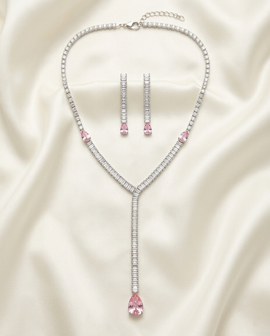 Pink Crystal Y-Necklace with earrings