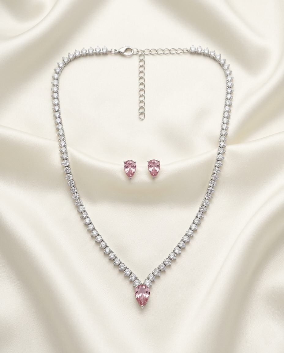 Pink Teardrop Crystal Tennis Jewelry Set