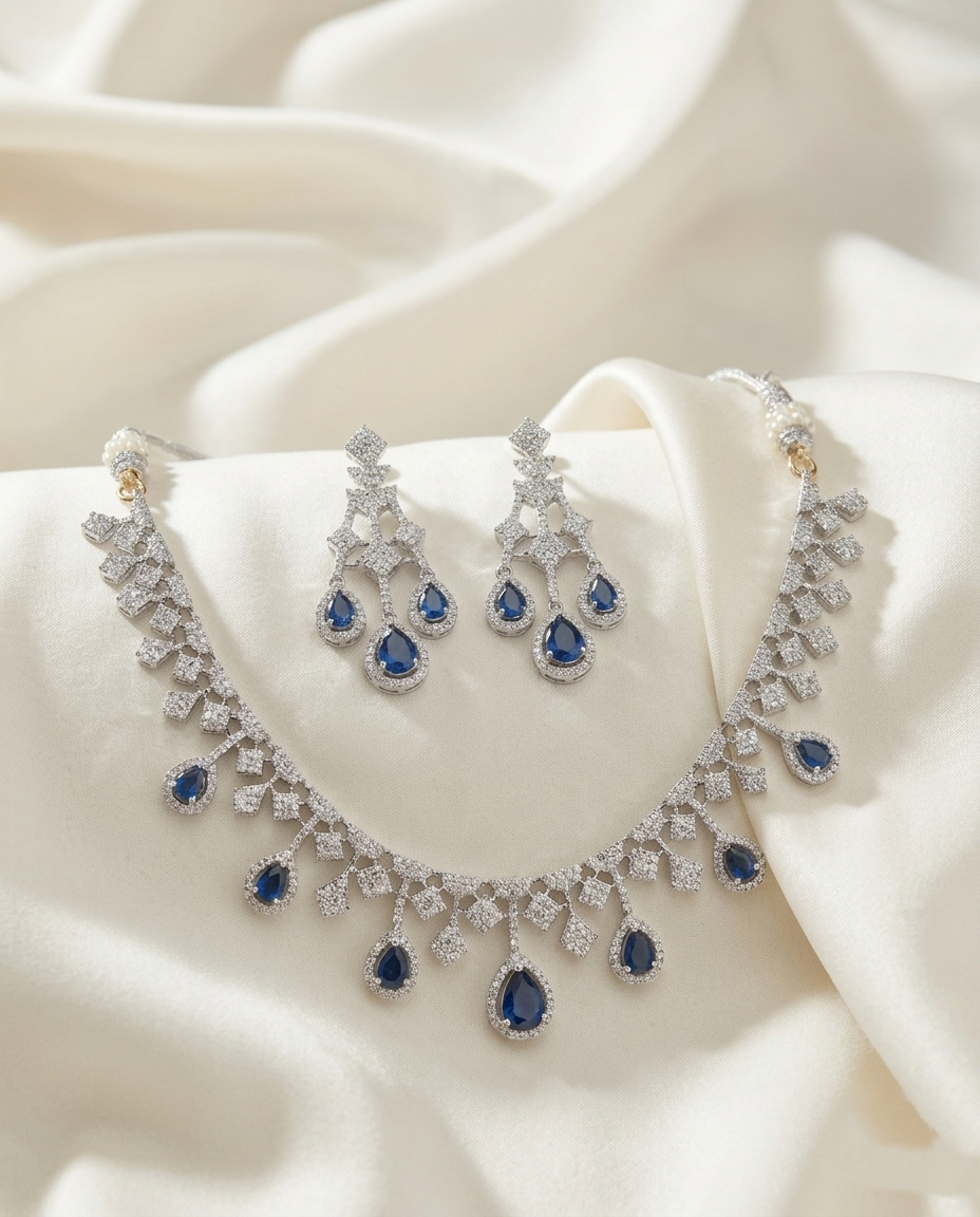 Royal Blue American Diamond (AD) Necklace Set with Teardrop Stones – Silver Finish