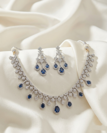 Royal Blue American Diamond (AD) Necklace Set with Teardrop Stones – Silver Finish