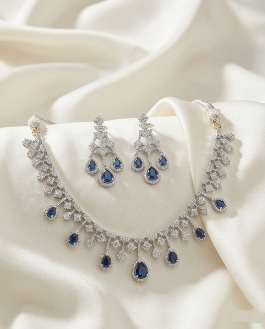 Royal Blue American Diamond (AD) Necklace Set with Teardrop Stones – Silver Finish