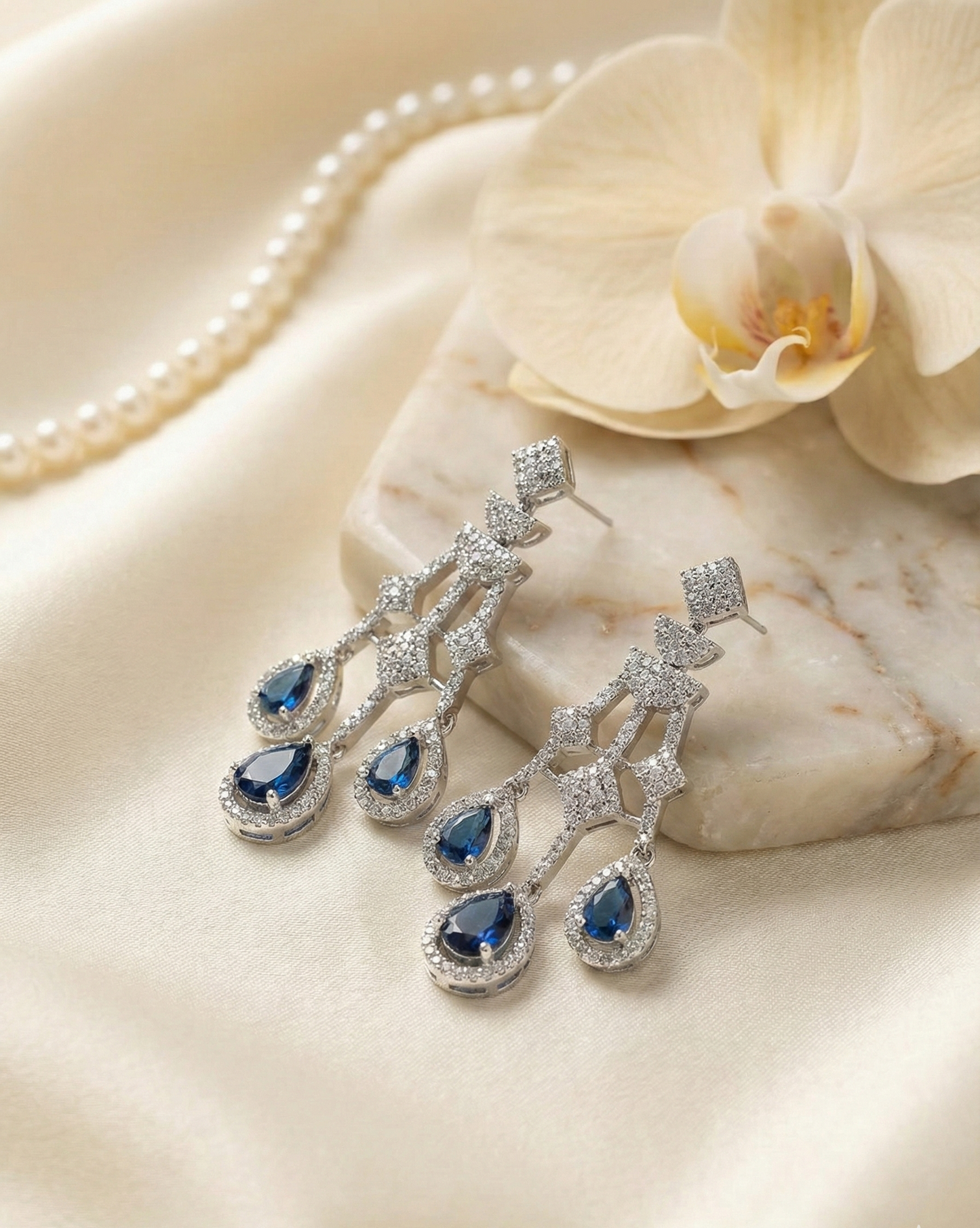 Royal Blue American Diamond (AD) Necklace Set with Teardrop Stones – Silver Finish
