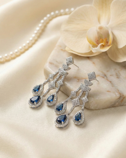 Royal Blue American Diamond (AD) Necklace Set with Teardrop Stones – Silver Finish