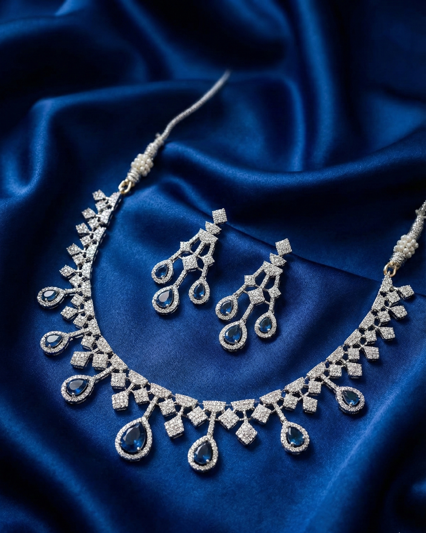 Royal Blue American Diamond (AD) Necklace Set with Teardrop Stones – Silver Finish