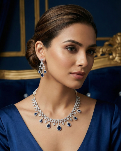 Royal Blue American Diamond (AD) Necklace Set with Teardrop Stones – Silver Finish