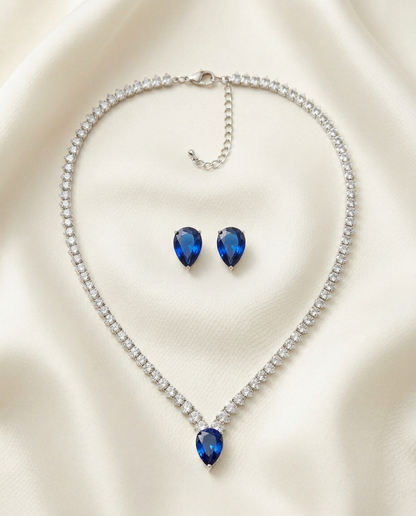 Sapphire Blue Teardrop Crystal Tennis Jewelry Set