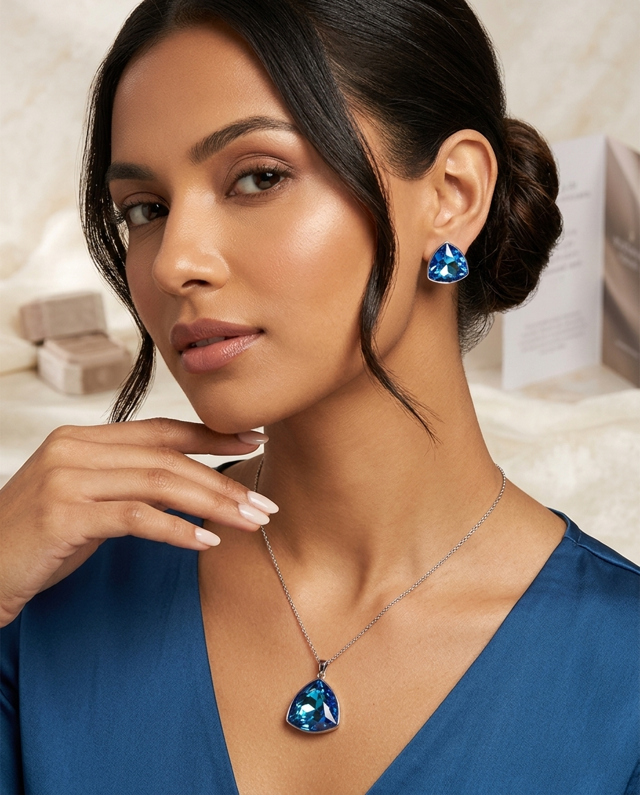 Triangle Cut Blue Sapphire-Style Crystal Pendant and Stud Set