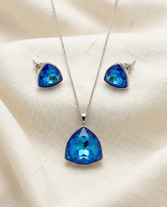 Triangle Cut Blue Sapphire-Style Crystal Pendant and Stud Set