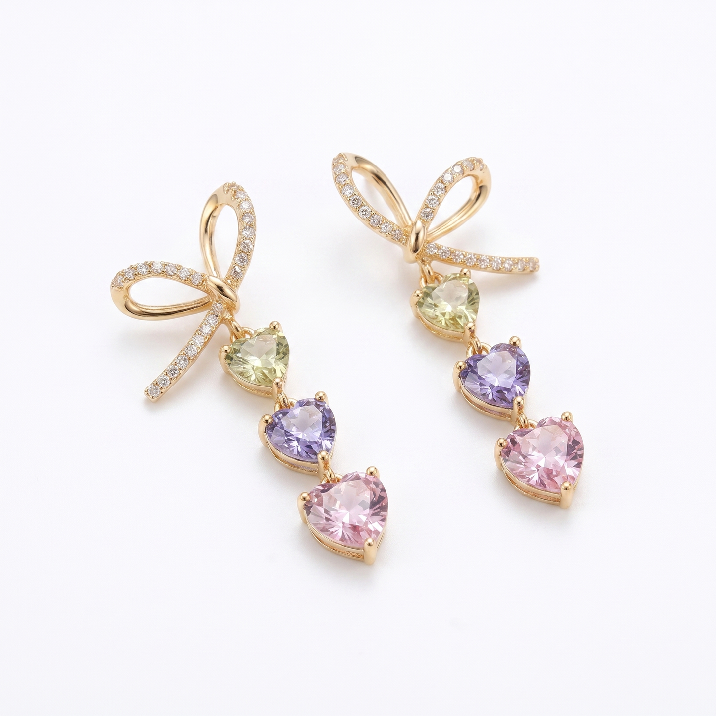 18K Gold Plated Pastel Heart Drop Bow Earrings